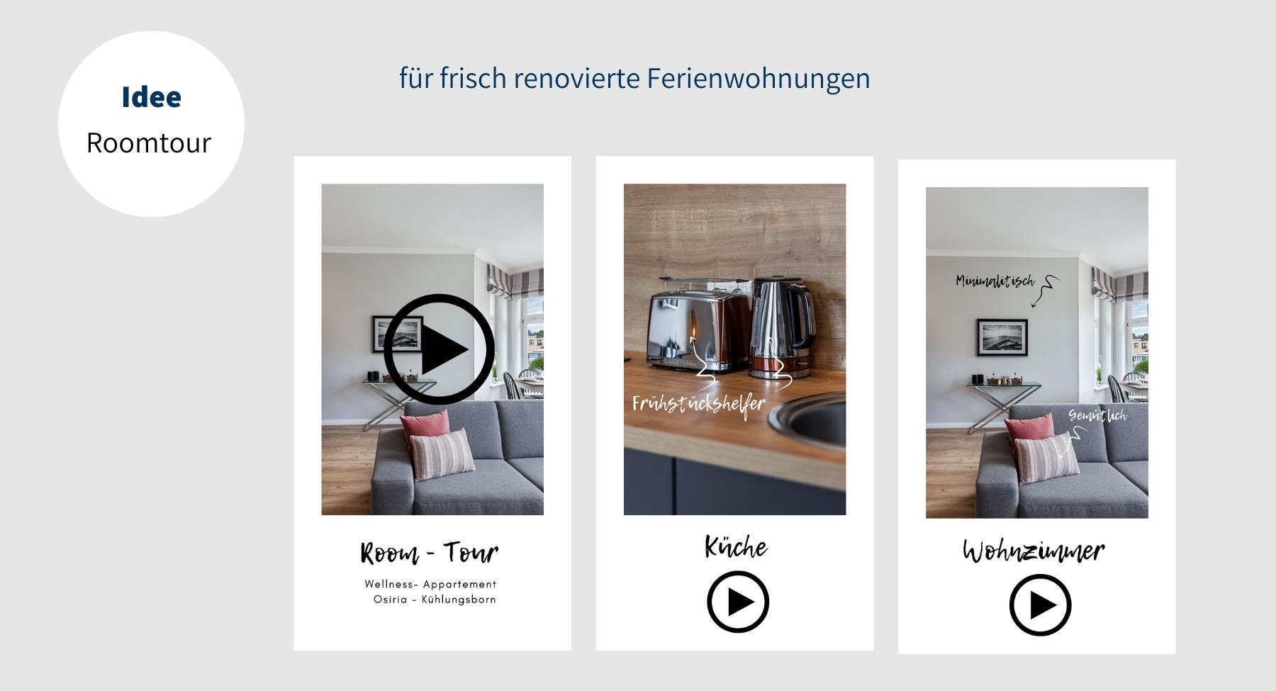 Instagram Reel Idee: eine Roomtour für frisch renovierte Ferienwohnungen sind kurze Videosequenzen, die den Gast durch die Wohnung mitnehmen